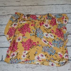 Umgee Yellow Pink Floral Print Flutter Sleeve Blouse L